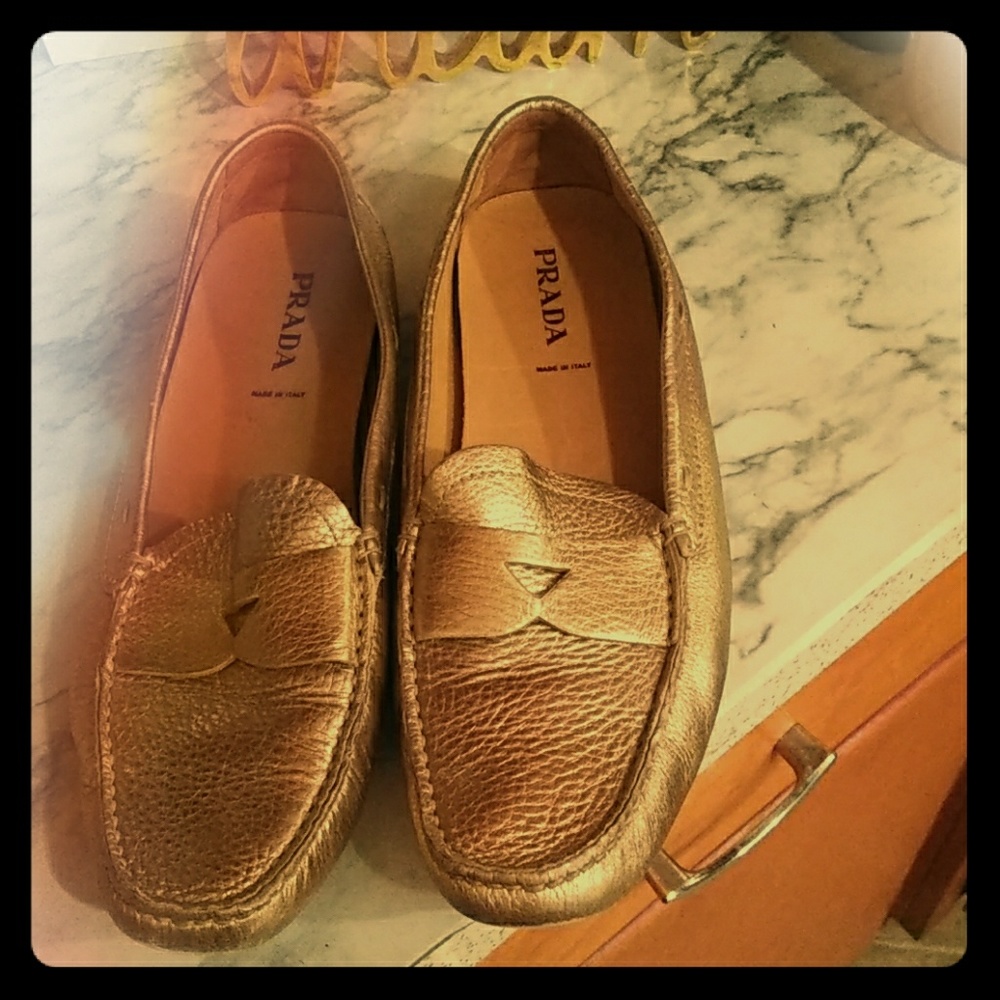 Prada Signature Driving Loafers (Gold)